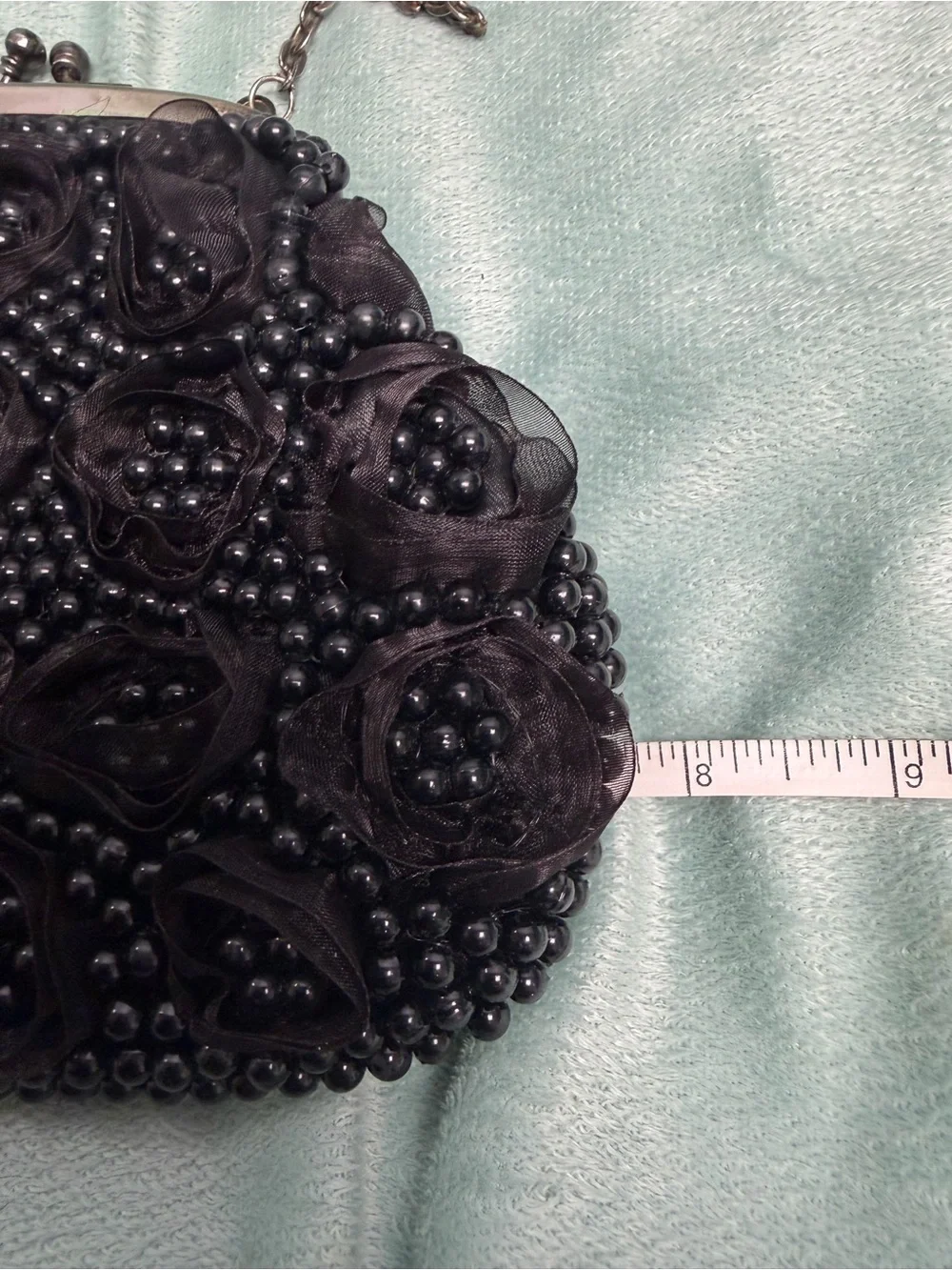 Black Beaded Floral Evening Bag with Chain Strap
